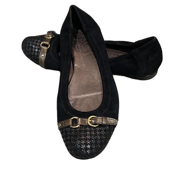 AGL Monika Black Suede Leather Metallic Gold Houndstooth Cap Toe Flats - 8.5 - Picture 1 of 15